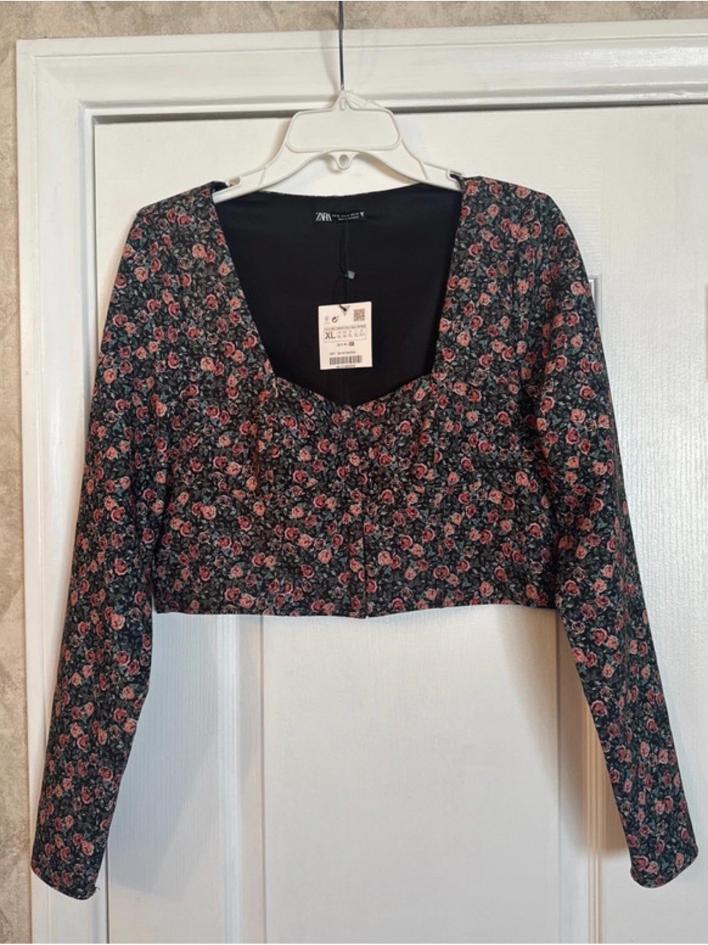 Zara Black Crop Top with Pink Floral Print